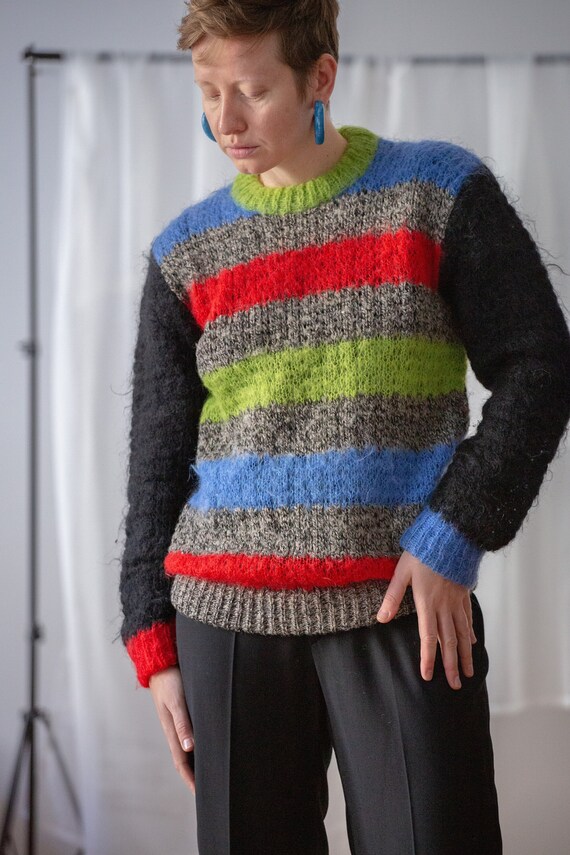 Pull raye vintage en laine et mohair duveteux noir rouge vert et bleu pour homme Taille M L Pull en maille multicolore a col rond NVS879 Etsy France
