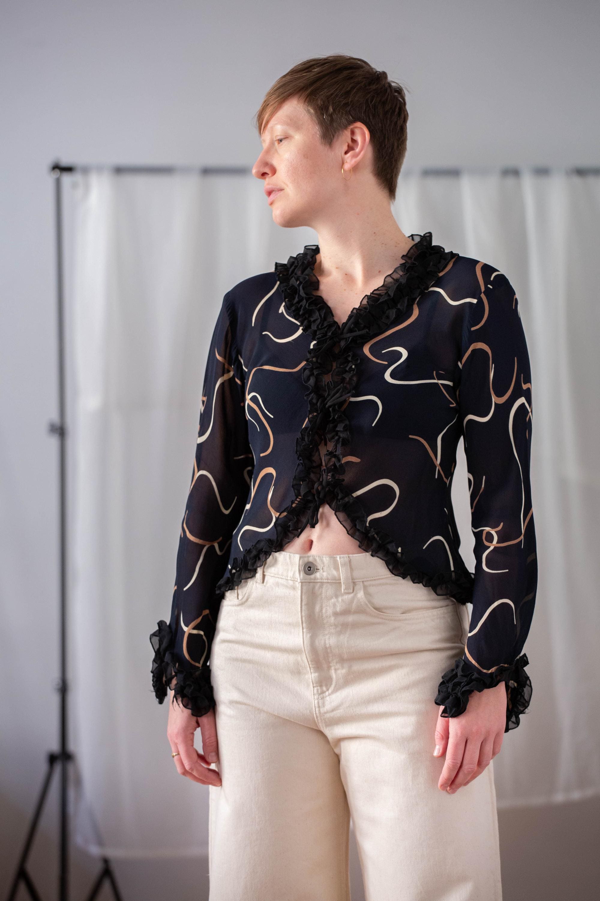 Vintage Y2K Ruffle Mesh Top in Black for Women | Size S - M | Tie