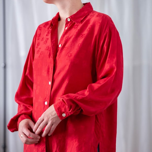 Blusa vintage de seda jacquard para mujer: Camisa con estampado de osito, roja, manga larga (talla L-XL)