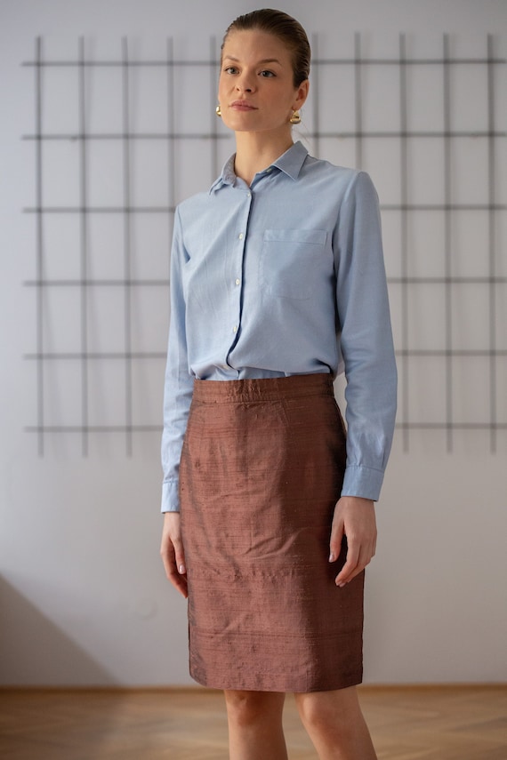 Vintage 100% Silk Pencil Skirt in Brown for Women 