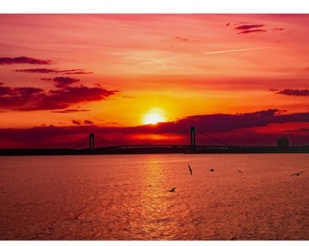 Ocean Sunset, Brooklyn Poster, Over Bridge NYC Verrazano Print New York Art