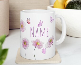Pressed Flowers Custom Name Mug, Make Your Own Mug, Girly Butterfly Meadow Personalized Cup