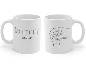 Custom Personalized Mommy and Daddy Est Mug, First Time Mothers Day Gift For New Mom or Dad, Parent Child Hands Art, Baby Shower Present