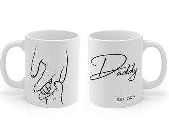 Daddy Est 2024 or Custom Year Mug, Personalized Fathers Day Gift for New Dad, Two Side Design Cup with Parent and Child Hands Line Drawing