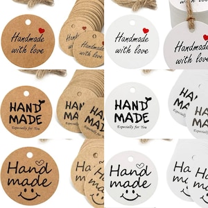 100 étiquettes rondes en papier kraft pour l'approvisionnement en emballage de produits faits main, faites avec amour coeur étiquettes smiley pour cadeaux d'artisanat de bricolage