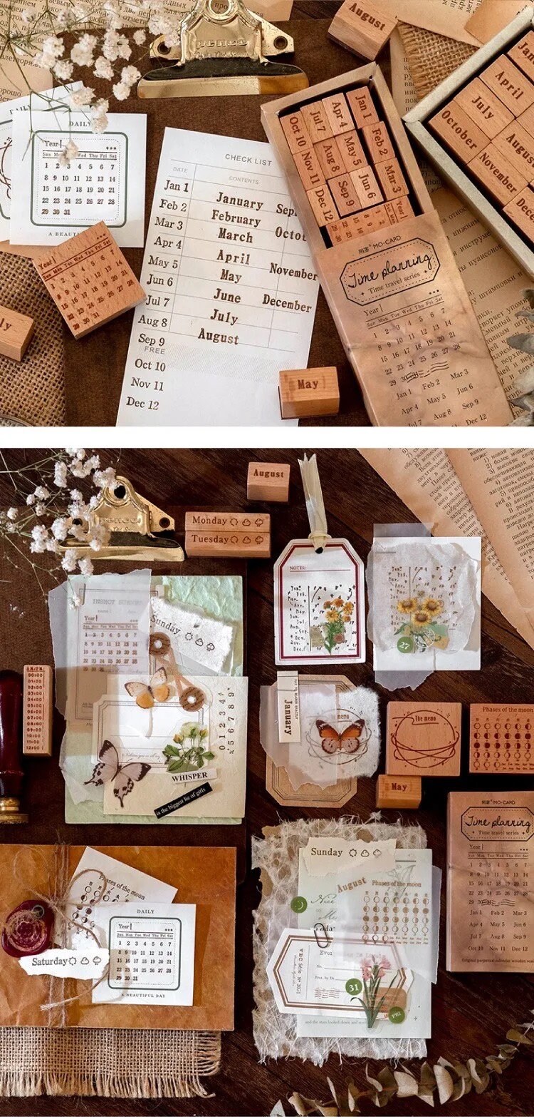 Retro Wooden Stamps Set, Date Week Month Year Stamps, Retro Rubber ...
