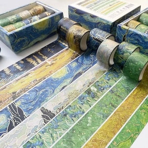 8 rollen set van Gogh Starry Night-washi-tape, decoratieve plakband voor plakboek dagboekplanner, doe-het-zelfkunst, cadeauverpakking, kaart