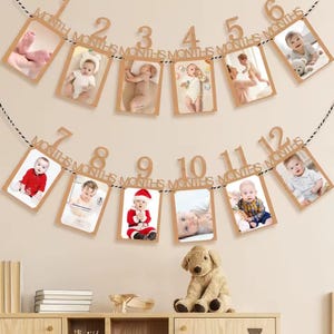 4 styles first 12 months baby photos banner wall decorations, eco-friendly one year baby birthday party photo frame clip wall decorations
