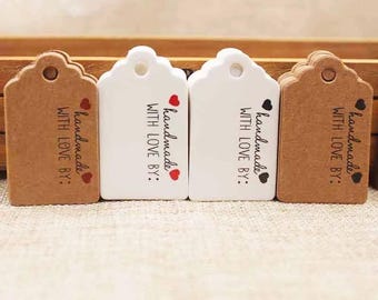 100pcs eco kraft paper heart label tags for handmade products packaging supplies, handmade with love by heart tag labels for diy craft gifts