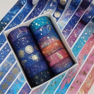 12 rollen set constellatie ster maan melkweg washi tapes, goudfolie decoratieve maskeertapes voor plakboek dagboekplanner, doe-het-zelf, kaart