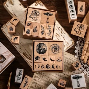 8pc set retro wooden stamps, plant leaf flower mushroom mountain, moon phases universe stamps for scrapbook journal planner, diy craft, card