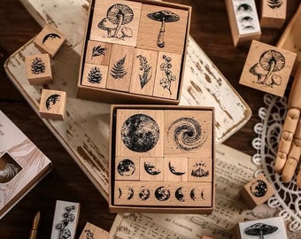 Set di 8 timbri in legno retrò, timbri con foglie di piante, fiori, funghi, montagne, fasi lunari, universo, per scrapbooking, diario, fai da te, biglietti