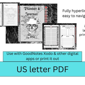 Peut inclure: Un planificateur et un journal noir et blanc avec un motif de crâne et de fleurs. La couverture indique "Planner & Journal" et "2023". Le journal est compatible avec GoodNotes, Xodo et d'autres applications numériques. Il est également disponible au format PDF lettre US.