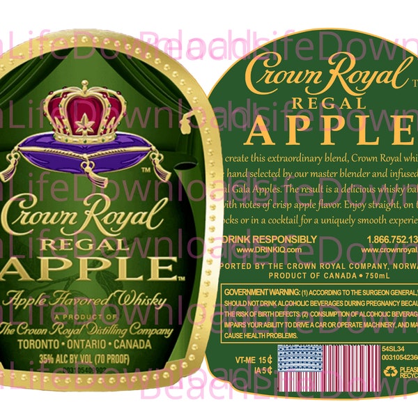 Crown Regal Apple Flavored Whiskey Bottle Label | PNG | Sublimation | Printable | Waterslide | Front Label | Back Label