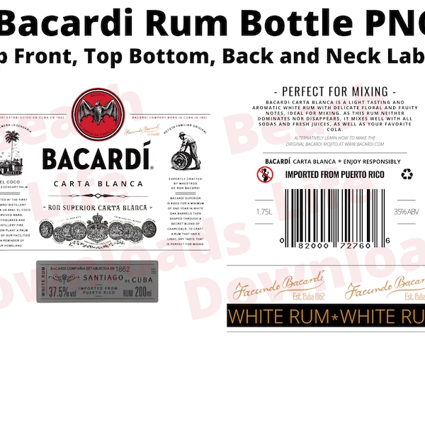 Four Bacardi Rum Bottle Labels | Transparent and Background PNGs | Sublimation | Printable | Waterslide | 2 Front*1 Back*1 Neck Label