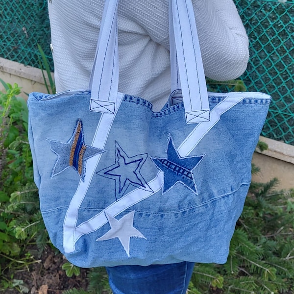 Sac en jean recyclé et toile bleu clair