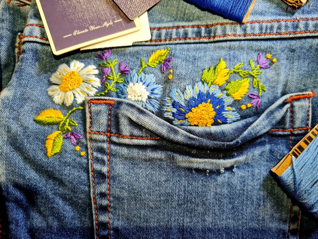 I embroidered some autumn-themed jeans for myself! : r/Embroidery