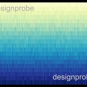 May include: Abstract digital art with a gradient of blue, green, and yellow colors. The image is made up of many small squares that create a pixelated effect. The text "designprobe" appears at the top and bottom of the image.