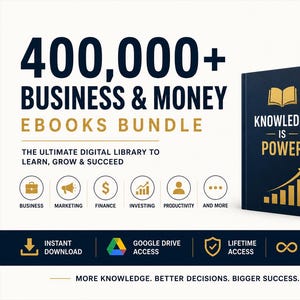 Puede incluir: Un anuncio de paquete digital con el texto 400,000+ BUSINESS & MONEY EBOOKS BUNDLE. Un libro azul oscuro con el título KNOWLEDGE IS POWER y un gráfico de crecimiento dorado se encuentra junto a una pila de libros. Incluye iconos para negocios, marketing, finanzas, inversión y productividad.