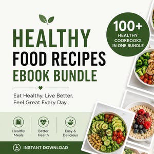 Puede incluir: Un paquete de libros electrónicos digitales titulado Healthy Food Recipes Ebook Bundle con el texto 100+ Healthy Cookbooks In One Bundle. El gráfico presenta una colección de fotografías que muestran tazones de ensaladas frescas, avena y sopa.
