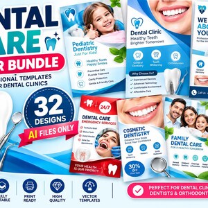 Puede incluir: Un paquete de folletos digitales para clínicas dentales con 32 plantillas profesionales. El diseño incluye esquemas de color azul y blanco, imágenes dentales como dientes y herramientas, y texto como DENTAL CARE FLYER BUNDLE y AI FILES ONLY.