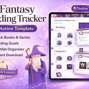 May include: A digital fantasy reading tracker template for Notion, with a wizard illustration and a tablet showing the tracker interface. The design includes sections for tracking books, reading goals, and wishlists, with the text "For Book Lovers."