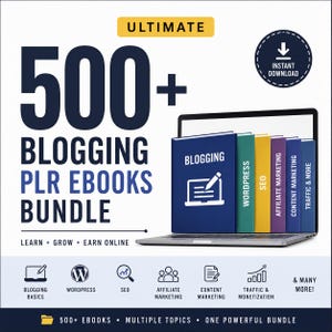 May include: A digital bundle featuring 500+ Blogging PLR Ebooks with a laptop displaying colorful book covers labeled Blogging, WordPress, SEO, Affiliate Marketing, Content Marketing, and Traffic & More, plus icons for various online business topics.