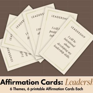 May include: A collection of six affirmation cards, each bearing the word "LEADERSHIP". The cards, in a cream hue, feature affirmations in a serif font. The image includes the text "6 Affirmation Cards: Leadership" at the bottom, promoting self-improvement.