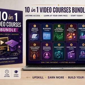 Pode incluir: Um pacote de 10 cursos em vídeo com uma caixa roxa, um laptop e um smartphone. A tela exibe dez categorias de cursos numeradas, incluindo redação de artigos, blogs, negócios, marketing, freelancing, design, branding e fotografia.