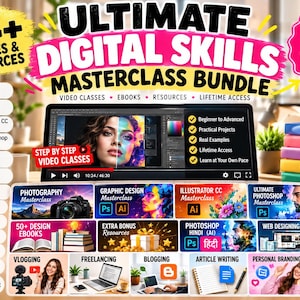 May include: A digital skills masterclass bundle featuring 14+ courses and resources, including video classes, ebooks, and lifetime access. The graphic displays text such as Ultimate Digital Skills Masterclass Bundle, HD Video Classes Included, and One Time Payment.
