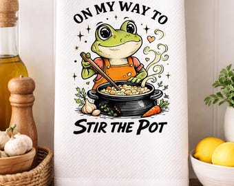 On My Way To Stir The Pot Kitchen Towel, Funny Frog Sarcastic Humor Snarky Animal, Attitude Edgy Sarcasm, Trendy Sassy Spicy Frog Mood png