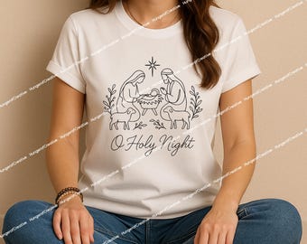 Christian Minimal Line Art PNG, O Holy Night Nativity Scene Png, Mary, Joseph & Baby Jesus In A Manger Png, Trendy Christian Christmas Png