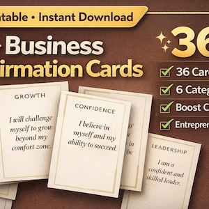 May include: A set of business affirmation cards with the text "Business Affirmation Cards". The cards are beige with black text, and the image includes the text "Printable Instant Download". The image also includes the text "36 Cards", "6 Categories", "Boost Confidence", and "Entrepreneur Mindset".