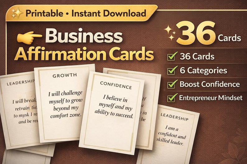 May include: A collection of business affirmation cards with the title "Business Affirmation Cards". The cards are beige with black text, and the image includes the text "Printable Instant Download". The image also includes the text "36 Cards", "6 Categories", "Boost Confidence", and "Entrepreneur Mindset".