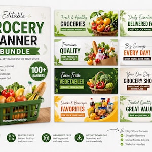 Peut inclure: Un ensemble de bannières d'épicerie modifiables. La couverture principale présente un panier en plastique vert rempli de produits frais. Sept bannières rectangulaires plus petites présentent divers articles alimentaires, du texte et des mises en page.