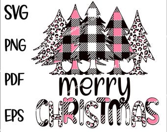 Pink Buffalo Plaid and Cheetah Merry Christmas, Trees, Cheetah, Buffalo Plaid, Leopard, Merry Christmas, Sublimation Design, PNG, Digital