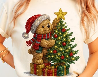 Sparkle Christmas Tree and Bear, Retro, Vintage, Winter Holiday, Christmas, Xmas Png