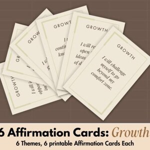 May include: A collection of six cream-coloured affirmation cards, each with the word "GROWTH" at the top and an inspirational message in black text. The cards are arranged on a brown background. The image includes the text "6 Affirmation Cards: Growth".