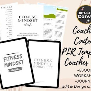 Könnte beinhalten: Das Bild zeigt ein Fitness-Mindset-E-Book, ein Journal und Arbeitsblattvorlagen. Das Design umfasst zwei Tablets mit den Worten "Fitness Mindset" und verschiedene Dokumente. Der Text "Coaching Content, PLR Templates, Coaches Tools" ist ebenfalls sichtbar.