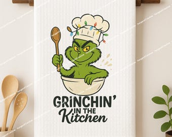 Funny Christmas Kitchen Towel, Grinc Chef Design, Holiday Baking Towel, “Grincin’ in the Kitchen” | Dishwasher Towel Retro Characters PNG
