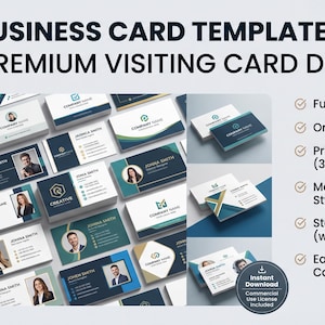 May include: A mega business card template bundle featuring 100+ premium visiting card designs. The image displays various rectangular card layouts with blue, white, and dark accents, including text and headshots. Features include fully editable PSD files, organized layers, print-ready 300 DPI CMYK, and standard 3.5 inch by 2 inch sizing.