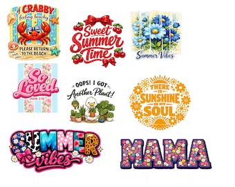 Summer PNG Bundle, Retro Summer Designs PNG, Mama Floral, Beach Crab, Sunshine Quote, Cute Duck Plant, Sublimation PNG