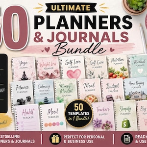 May include: A digital bundle of 50 planners and journals featuring various covers with titles like Yoga Journal, Fitness Planner, and Budget Tracker. The collection includes printable PDF files, unlimited printing, and tablet compatibility for organization.