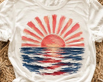 4th of July, Retro Beach Sunset Design, Boho Sunset Png, Summer Ocean Sunset Sublimation Png, Tropical Aesthetic Shirt Graphic