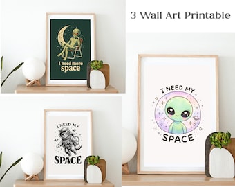 I Need My Space Wall Art Set of 3 | Funny Space Printable | Alien Astronaut Cat Art | Space Quote Wall Decor | Modern Printable Art