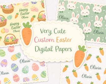 Cute Custom Easter Digital Papers PNG • Pastel Easter Scrapbook Paper Pack • Bunny Egg Carrot Patterns • Nursery Spring Background • 300 DPI