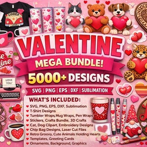 Könnte beinhalten: Ein Valentinstags-Mega-Bundle-Grafik mit über 5000 Designs. Das Bild zeigt T-Shirts, Tassen, Becher, Aufkleber und niedliche Tierillustrationen, die Herzen halten. Die Farbpalette ist hauptsächlich rosa und rot.
