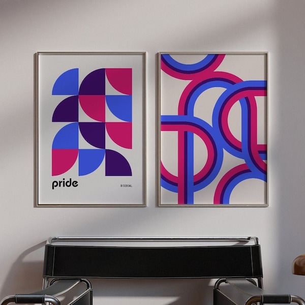 Set of 2 Bisexual Pride Wall Prints, Bi Pride Flag Printables, Retro Wall Art Set, Bauhaus Digital Art, LGBTQ Poster, Bisexual Housewarming