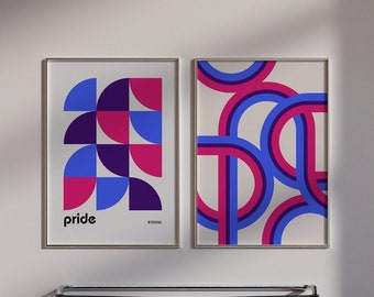 Set of 2 Bisexual Pride Wall Prints, Bi Pride Flag Printables, Retro Wall Art Set, Bauhaus Digital Art, LGBTQ Poster, Bisexual Housewarming