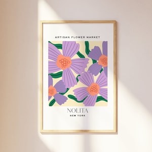 City Flower Market Wall Print, Nolita New York Print, Purple Botanical Wall Art, Modern Flower Poster, Retro Decor, NYC Neighborhood Art